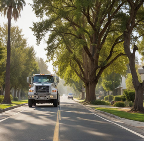 A tow truck driving along a tree-lined road in San Jose, CA.