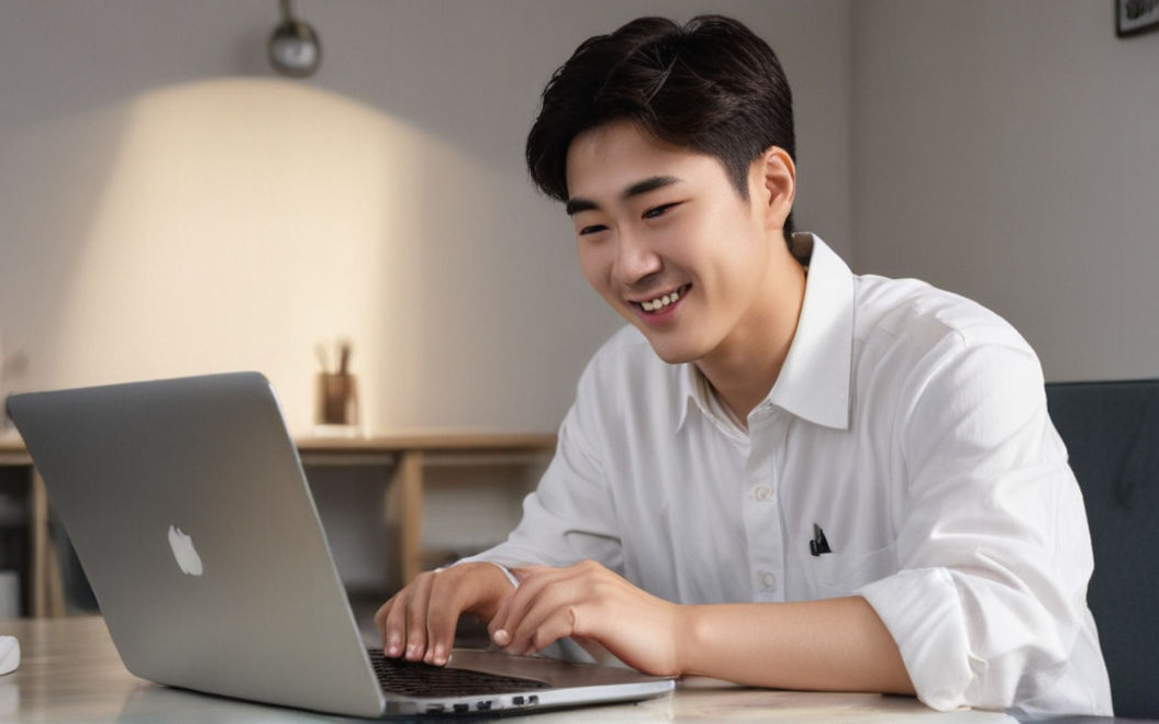 A joyful young Korean man sits at a desk, typing energetically on his laptop with a beaming face.