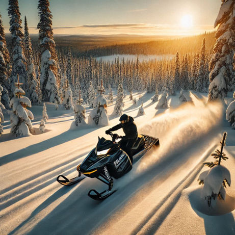 A rider on a Polaris Timbersled traverses pristine snow-covered terrain near a protected forest area.